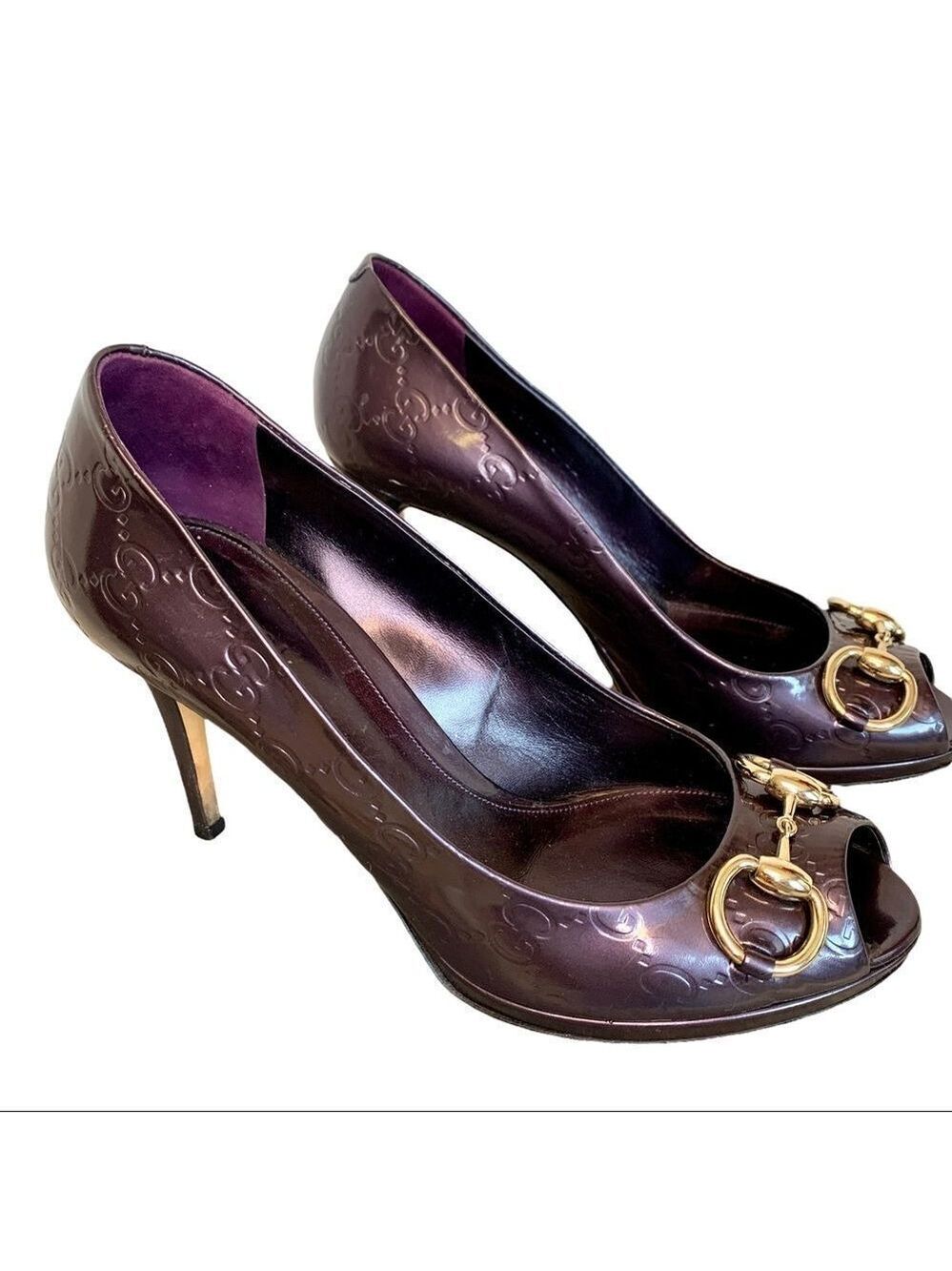 Gucci Purple Patent Leather Guccissima Horsebit Open Peep Toe Pump Heels Sz 38